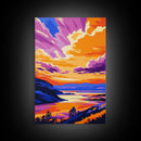 Sunset Over Cliffs, Vibrant Sky, Framed Canvas Print, Bold Landscape, Large Artwork, Living Room Art, Gift Idea, Colorful Painting