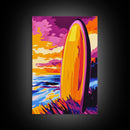 Surfboard Sunset, Vibrant Beach, Framed Canvas Print, Coastal Wall Art, Boho Decor, Large Artwork, Bedroom Art, Modern Painting, Gift Idea