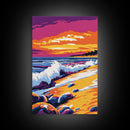 Sunset Shoreline, Breaking Waves, Framed Canvas Print, Coastal Wall Art, Beach Aesthetic, Boho Decor, Large Artwork, Living Room Art