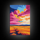 Golden Field, Sunset Sky, Framed Canvas Print, Warm Landscape Art, Country Home Decor, Colorful Painting, Cozy Aesthetic, Dining Room Art