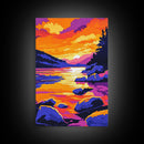 Sunset, Mountain Lake, Nature Landscape, Canvas Print, Vibrant Wall Art, Rustic Cabin Decor, Bedroom Art, Scenic Wilderness Painting