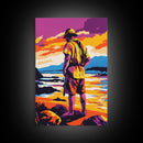 Fisherman Painting, Ocean Art, Nostalgic Scene, Sunset Coast, Framed Canvas Print, Rustic Wall Art, Vintage Aesthetic, Living Room Art