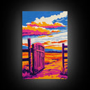 Open Gate, Rustic Sunset, Country Landscape, Farmhouse Decor, Western Wall Art, Boho Art, Warm Tones, Framed Canvas Print, Living Room