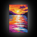 Water Reflection, Colorful Sunset, Lake View, Nature Art, Bold Tones, Serene Decor, Framed Canvas Print, Office, Living Room Art