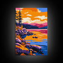 Lakeside Sunset, Rustic Cabin Art, Vibrant Fall Decor, Framed Canvas Print, Modern Nature Art, Outdoor Wall Hanging, Home Aesthetic
