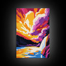 Waterfall Sunset, Nature Wall Art, Colorful Landscape Print, River Painting, Wilderness Home Decor, Vibrant Art, Framed Canvas Print