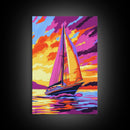 Sailboat at Sunset, Nautical Wall Art, Coastal Decor, Colorful Ocean Painting, Vibrant Seascape, Beach House Art, Framed Canvas Print