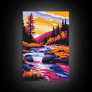 Autumn Stream, Fall Landscape Art, Cozy Cabin Decor, Rustic Nature Print, Vibrant Orange and Blue Painting, Canvas Print