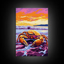 Beach Crab Painting, Ocean Coastal Decor, Vibrant Seaside Art, Marine Life Print, Framed Canvas Print, Bathroom Nautical Wall Art