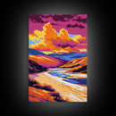 Mountain Sunset Painting, River Valley Wall Art, Colorful Landscape Print, Dramatic Nature Art, Framed Canvas Print, Rustic Cabin Decor