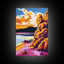 Cliffside Sunset Art, Coastal Landscape Print, Vibrant Nature Painting, Dramatic Sky Wall Art, Framed Canvas Print, Office Scenic Decor