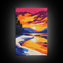 Golden Sunset River Art, Tranquil Nature Scene, Vibrant Landscape Print, Relaxing Home Decor, Framed Canvas Print, Cozy Bedroom Art