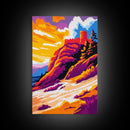 Castle on the Cliff Painting, Fantasy Landscape Art, Bold Sunset Print, Dreamy Nature Scene, Framed Canvas Print, Unique Living Room Art
