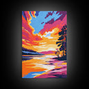 Lakeside Sunset Painting, Serene Nature Wall Art, Warm Color Palette, Scenic Landscape Print, Framed Canvas Print, Boho Bedroom Decor