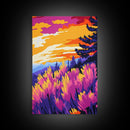 Vibrant Wildflower Art, Sunset Landscape Print, Autumn Nature Painting, Colorful Home Decor, Framed Canvas Print, Boho Bedroom Wall Art