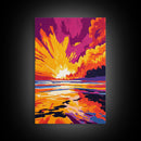 Fiery Ocean Sunset, Dramatic Sky Painting, Bold Color Landscape Art, Vibrant Beach Scene, Framed Canvas Print, Modern Living Room Decor