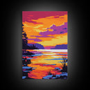 Tranquil Sunset Lake, Scenic Nature Painting, Warm Color Landscape Art, Peaceful Home Decor, Framed Canvas Print, Cozy Bedroom Wall Art