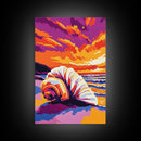 Spiral Seashell Art, Ocean Beach Painting, Vibrant Sunset Coastal Print, Tropical Wall Decor, Framed Canvas Print, Relaxing Bathroom Art