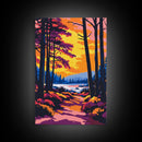 Forest Sunset Path, Tranquil Woodland Scene, Vibrant Landscape Art, Cozy Nature Wall Decor, Framed Canvas Print, Autumn Living Room Art