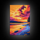 Sunset Reflection, Vibrant, Nature, Lake, Framed Canvas Print, Landscape Wall Art, Autumn Decor, Colorful Painting, Home Office, Rustic Art