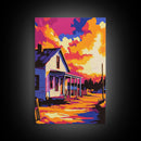 Country House, Farmhouse, Sunset, Glow, Framed Canvas Print, Rural Wall Art, Warm Home Decor, Rustic Landscape, Cozy Living Room