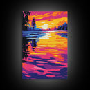 Golden Lake, Vibrant, Twilight, Canvas Print, Tranquil Scene, Living Room Art, Bold Color Palette, Peaceful Nature, Relaxing Space