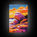 Rock Formations, Beach, Sunset, Vibrant, Framed Canvas Print, Coastal Nature Art, Ocean Landscape, Earthy Decor, Tranquil Wall Art