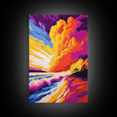 Ocean Waves, Fiery Sunset, Coastal Painting, Framed Canvas Print, Beach House Wall Art, Summer Vibes, Vibrant Home Decor, Large Artwork