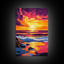 Sunset Waves, Ocean Horizon, Coastal Scene, Framed Canvas Print, Beach House Decor, Serene View, Vibrant Painting, Large Wall Art