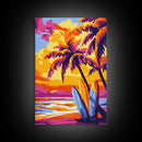 Surf Shack, Tropical Landscape, Sunset Beach, Framed Canvas Print, Boho Wall Art, Coastal Home Decor, Vibrant Surfing Aesthetic