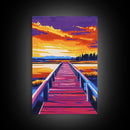 Lakeside Pier, Sunset View, Nature Serenity, Tranquil Waters, Canvas Print, Living Room Wall Art, Rustic Decor, Bold Color Palette