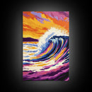 Ocean Wave, Sunset, Vibrant Art, Framed Canvas Print, Coastal Wall Art, Living Room Decor, Bold Colors, Surf Art, Beach Aesthetic