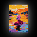 Woman Swimming, Sunset, Nature Art, Framed Canvas Print, Relaxing Wall Art, Bedroom Decor, Bold Colors, Scenic Painting, Lake Art