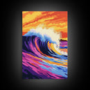 Wave Art, Surfing Aesthetic, Sunset Ocean, Framed Canvas Print, Beach House Decor, Coastal Wall Art, Vibrant Colors, Modern Seascape