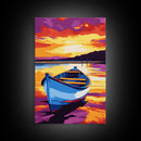 Rowboat Sunset, Serene Lake, Peaceful Landscape, Vibrant Colors, Canvas Print, Bedroom Wall Art, Boho Decor, Nautical Home Aesthetic