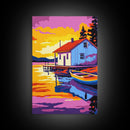 Lakeside Cabin, Cozy Retreat, Waterfront House, Nature Art, Canvas Print, Living Room Wall Art, Rustic Decor, Bold Sunset Tones