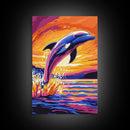 Leaping Dolphin, Ocean Art, Coastal Decor, Vibrant Seascape, Canvas Print, Beach House Wall Art, Nautical Aesthetic, Bold Colors