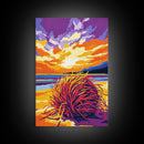 Coastal Grass, Sunset Beach Scene, Framed Canvas Print, Vibrant Seaside Painting, Ocean View Art, Living Room Decor, Warm Nature Art