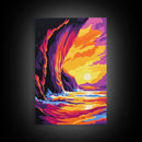 Coastal Cliffs, Fiery Ocean Sunset, Framed Canvas Print, Bold Nature Art, Dramatic Seascape Painting, Modern Wall Decor, Ocean Lover Gift