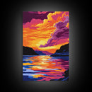 Lake Sunset, Vibrant Water Reflection Art, Framed Canvas Print, Serene Nature Scene, Bold Landscape Painting, Relaxing Wall Decor