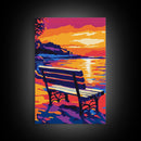 Seaside Bench, Sunset Beach Art, Romantic Wall Art, Coastal Decor, Framed Canvas Print, Nature Wall Art, Serene Landscape Painting