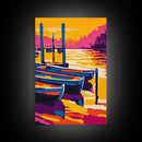 Docked Canoes, Lake Sunset Painting, Nautical Wall Decor, Tranquil Water Scene, Framed Canvas Print, Cabin Wall Art, Serene Landscape