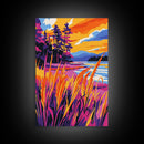 Lakeside Pines, Autumn Nature Art, Tranquil Landscape, Vibrant Sunset Painting, Framed Canvas Print, Cabin Wall Decor, Rustic Home Art