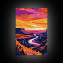 River Valley, Sunset Glow, Nature Escape, Vibrant Canyon, Framed Canvas Print, Living Room Wall Art, Western Landscape Painting