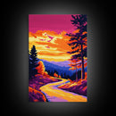 Serene Forest, Mountain Road, Scenic View, Golden Sunset, Canvas Print, Rustic Cabin Wall Art, Fall Home Decor, Nature Painting