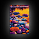 River Stones Reflection, Canvas Print, Colorful Sunset, Modern Landscape, Nature Artwork, Peaceful Lake, Warm Aesthetic, Living Room Art