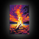 Campfire Blaze, Sunset Glow, Nature Landscape, Framed Canvas Print, Rustic Wall Art, Cabin Decor, Autumn Aesthetic, Warm Colors