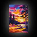 Mountain Camp, Tent Sunset, Pine Forest, Framed Canvas Print, Outdoor Adventure, Rustic Home Art, Cozy Cabin Vibes, Boho Wall Art