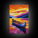 Canoe Serenity, Golden Lake, Sunset Mountains, Canvas Print, Tranquil Nature Art, Living Room Wall Decor, Boho Aesthetic, Warm Colors