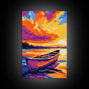 Lake Canoe, Tranquil Waters, Warm Sunset, Framed Canvas Print, Rustic Cabin Art, Living Room Wall Art, Cozy Autumn Decor, Bohemian Style